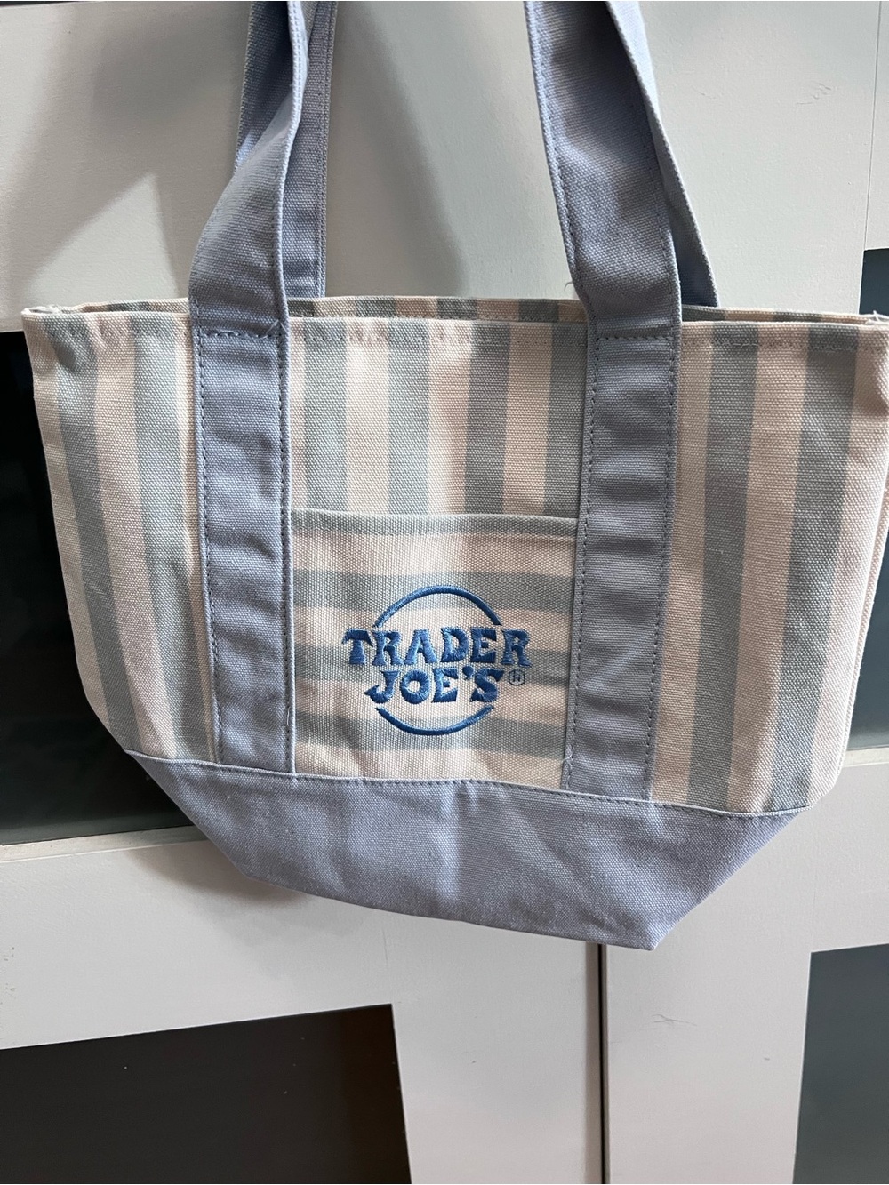 Trader Joe’s MINI Canvas Reusable Bag, with Off White or Tan, LIGHT BLUE STRIPES
